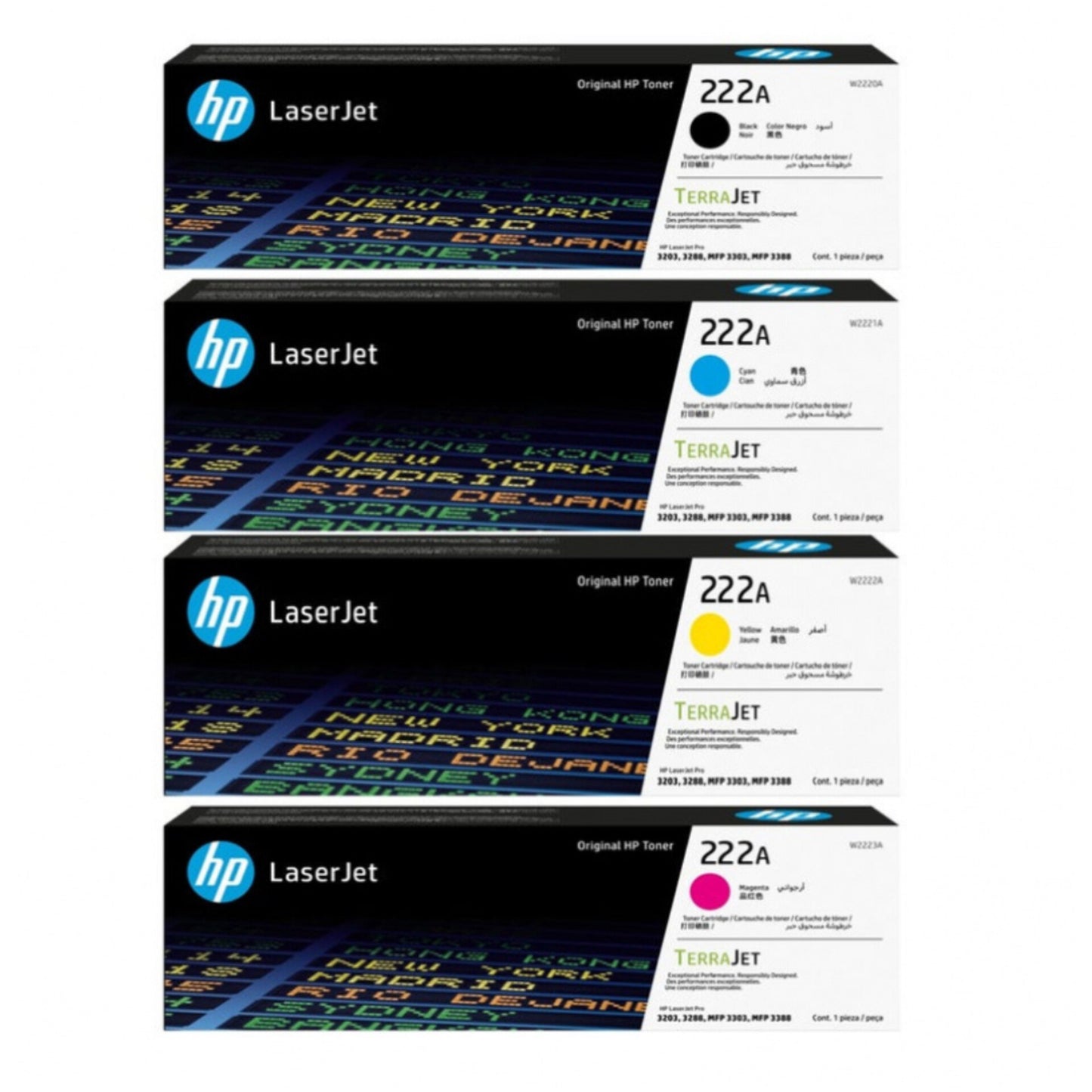 A set of four HP 222A Original LaserJet Toner Cartridges in black, cyan, yellow, and magenta for use in HP Color LaserJet Pro MFP 3303fdw, MFP 3303sdw, MFP 3303fdn, 3203dn and 3203dw Printers