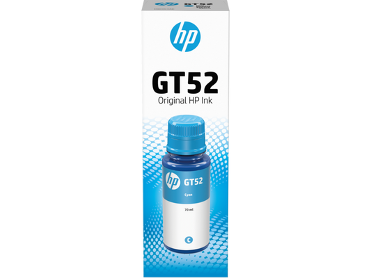 Genuine HP GT53/GT52 Ink Refill Bottles in various colors: black, cyan, magenta and yellow.