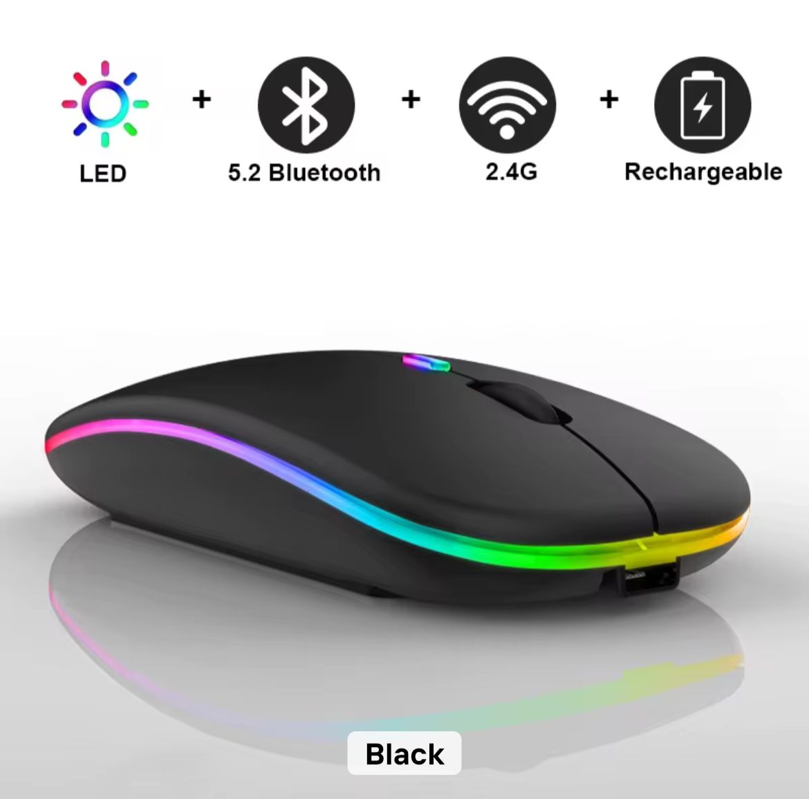 Wireless Slim Mouse with Colorful LED Lighting, Bluetooth, Rechargeable Battery and Type C interface (Black) Wireless Slim Mouse with Colorful LED Lighting, Bluetooth, Rechargeable Battery and Type C interface (Black)