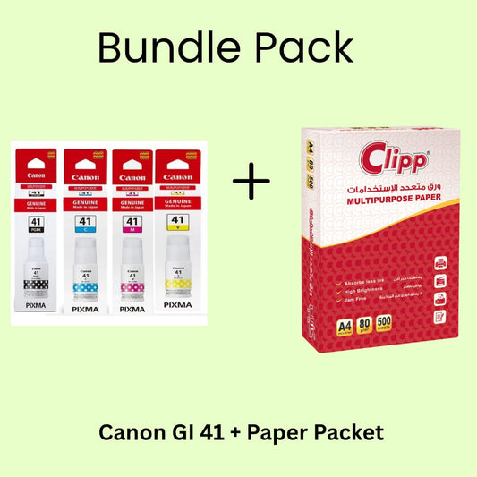 Bundle Pack of Canon GI 41 Black, Cyan, Magenta, Yellow ink Bottles with paper packet at best price in Doha Qatar.