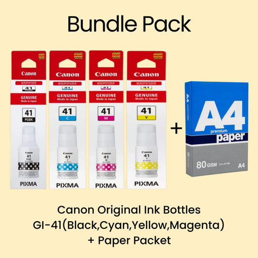 Bundle Pack of Canon GI 41 Black, Cyan, Magenta, Yellow ink Bottles with paper packet at best price in Doha Qatar.