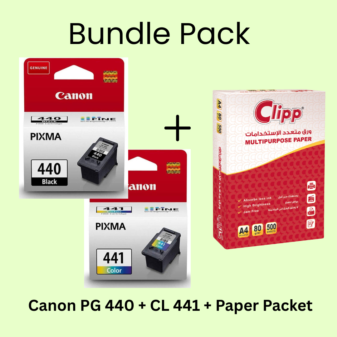 Bundle Pack: Canon PG-440 Black + CL-441 Color Original Ink Cartridge + Paper Packet (A4,500 Sheets)