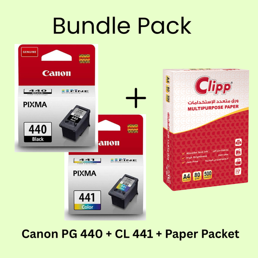 Bundle Pack: Canon PG-440 Black + CL-441 Color Original Ink Cartridge + Paper Packet (A4,500 Sheets)
