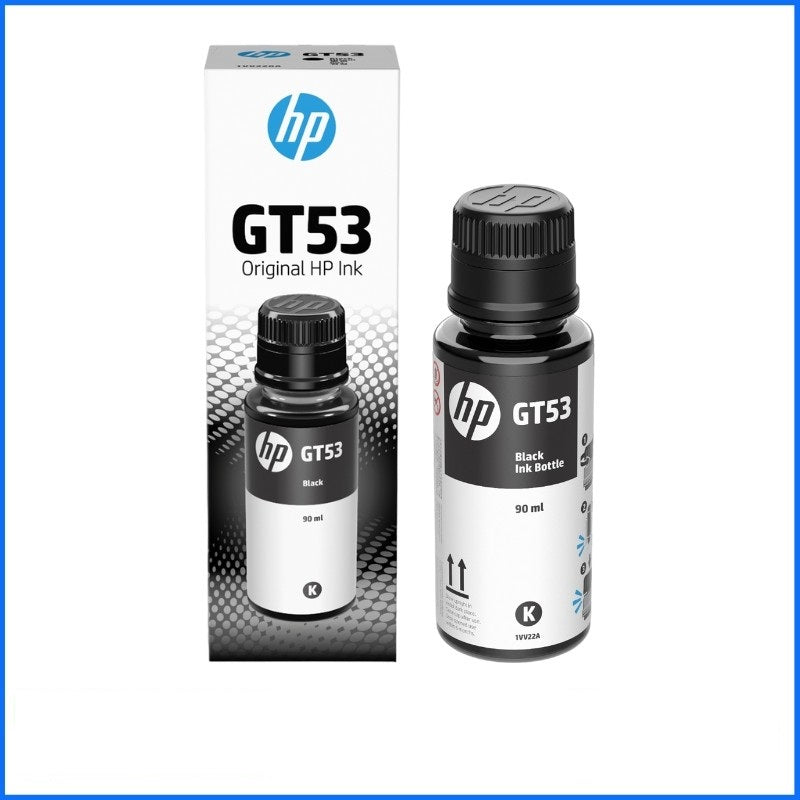 Genuine HP GT53/GT52 Ink Refill Bottles in various colors: black, cyan, magenta and yellow.