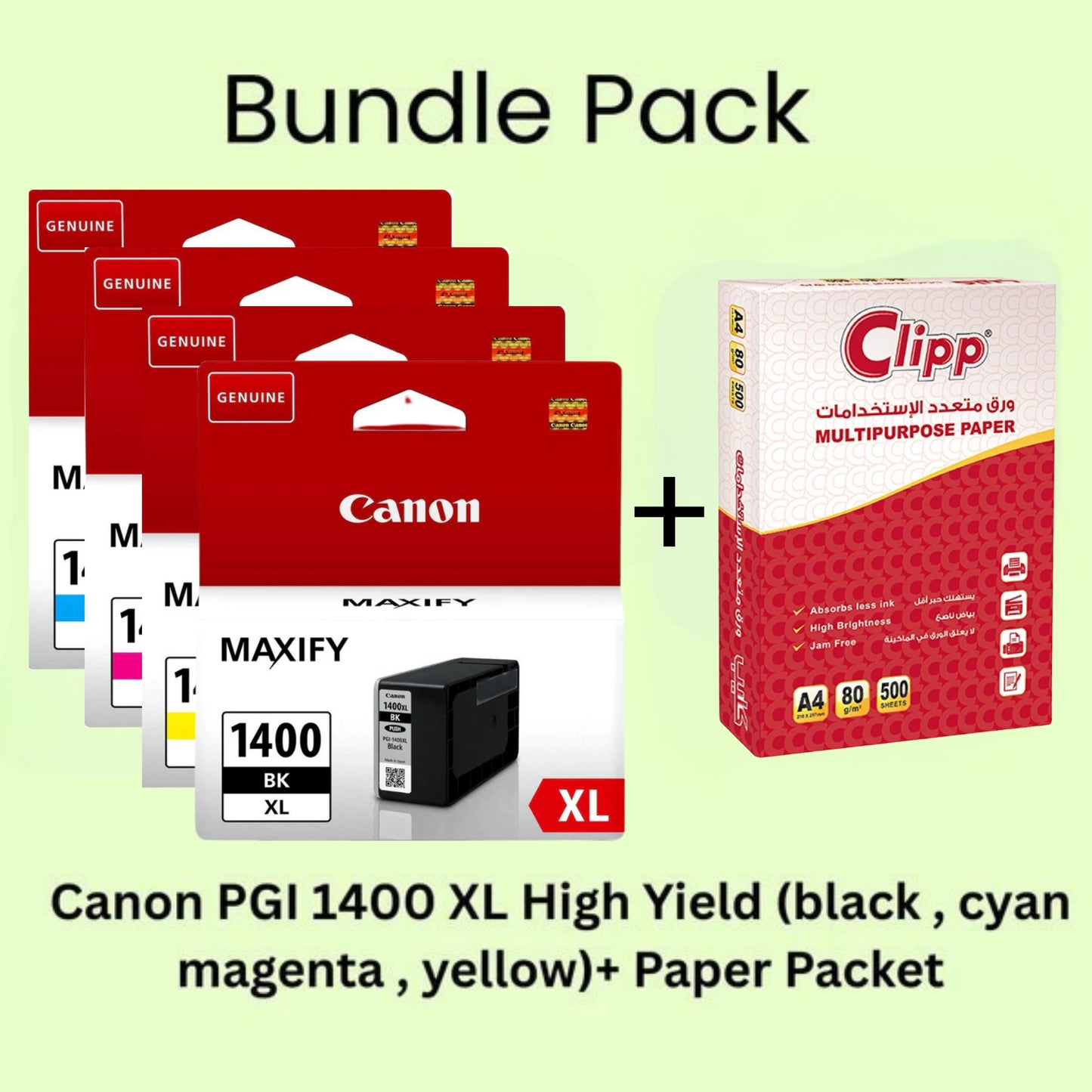 Bundle Pack: Canon PGI 1400XL  High Yield Original Ink Cartridge + Paper Packet (A4,500 Sheets)