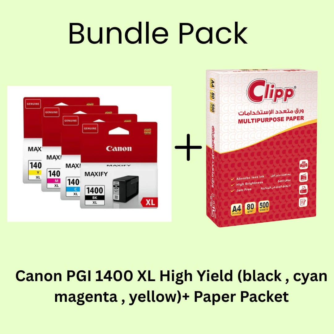 Bundle Pack of Canon PGI 1400XL Black, Cyan, Yellow and Magenta original ink Cartridge with Paper Packet (A4,500 Sheets) in Doha Qatar