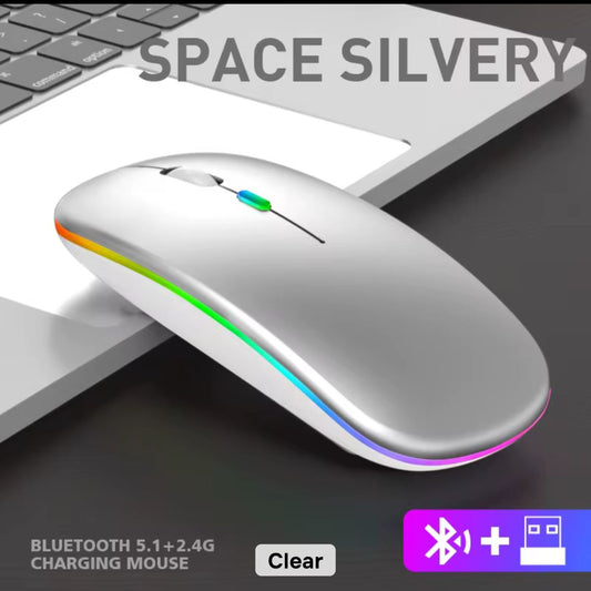 Silver wireless mouse with colorful LED lights in Doha, Qatar