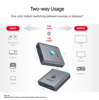 Unitek 4K Aluminium HDMI 2.0 Switch 2-To-1 Bi-Directional