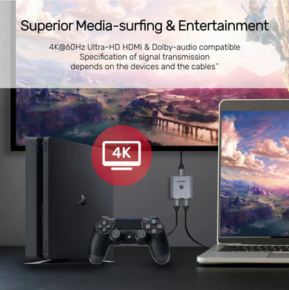 Unitek 4K Aluminium HDMI 2.0 Switch 2-To-1 Bi-Directional