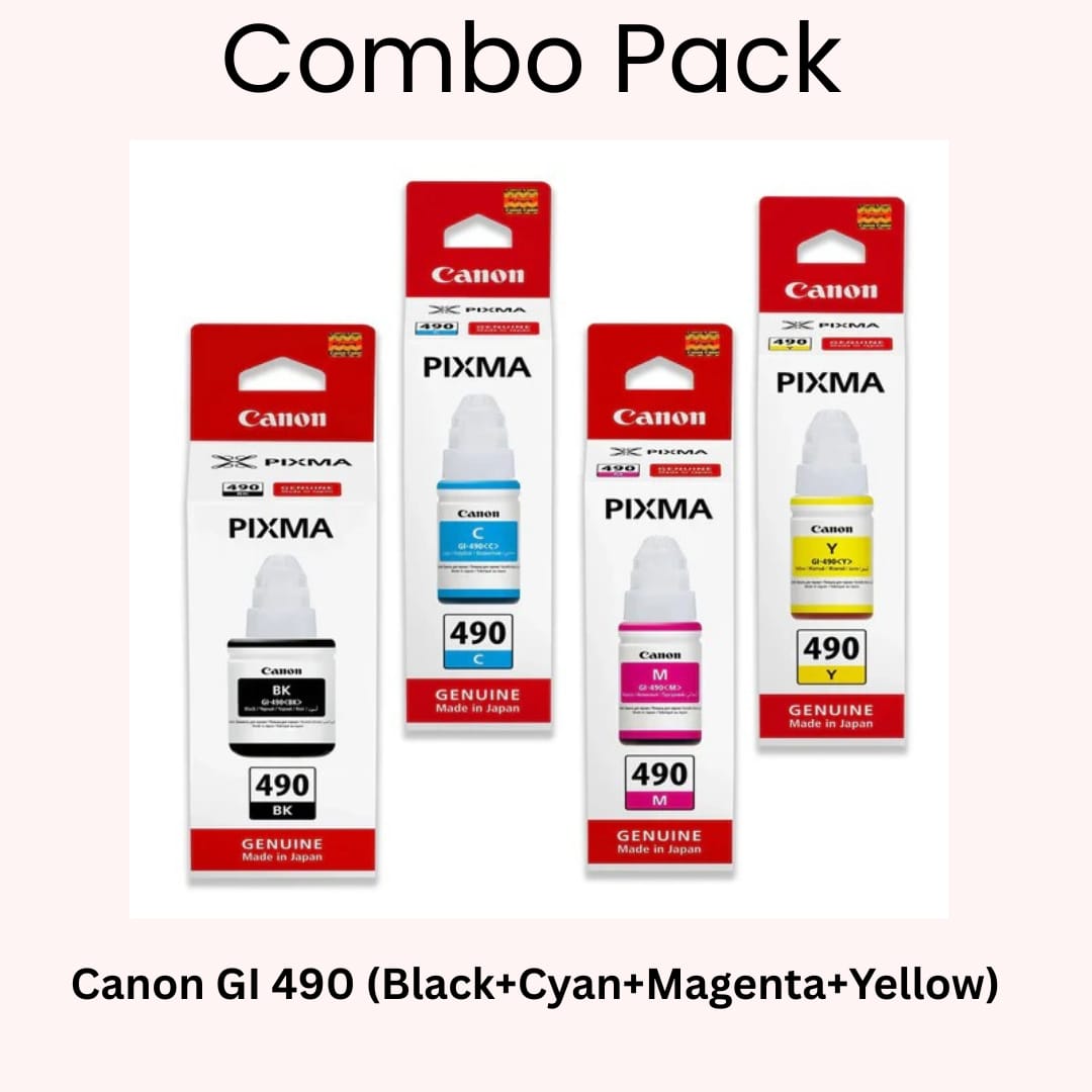 combo pack of Canon GI 490 ink bottles in black, cyan, magenta, and yellow For PIXMA Printers in Doha Qatar