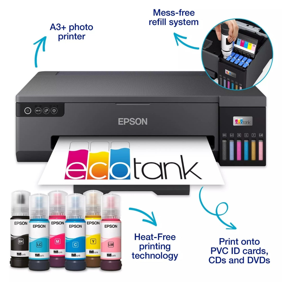 The Epson EcoTank L18050 is a 6-color, A3+ ink tank photo printer designed for high-volume, ultra-low-cost photo printing. Ideal for photographers and graphic enthusiasts, it features built-in wireless connectivity, borderless printing, and support for specialty media like PVC ID cards and CDs/DVDs