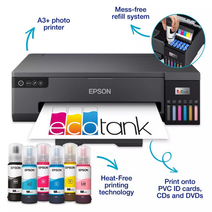 The Epson EcoTank L18050 is a 6-color, A3+ ink tank photo printer designed for high-volume, ultra-low-cost photo printing. Ideal for photographers and graphic enthusiasts, it features built-in wireless connectivity, borderless printing, and support for specialty media like PVC ID cards and CDs/DVDs