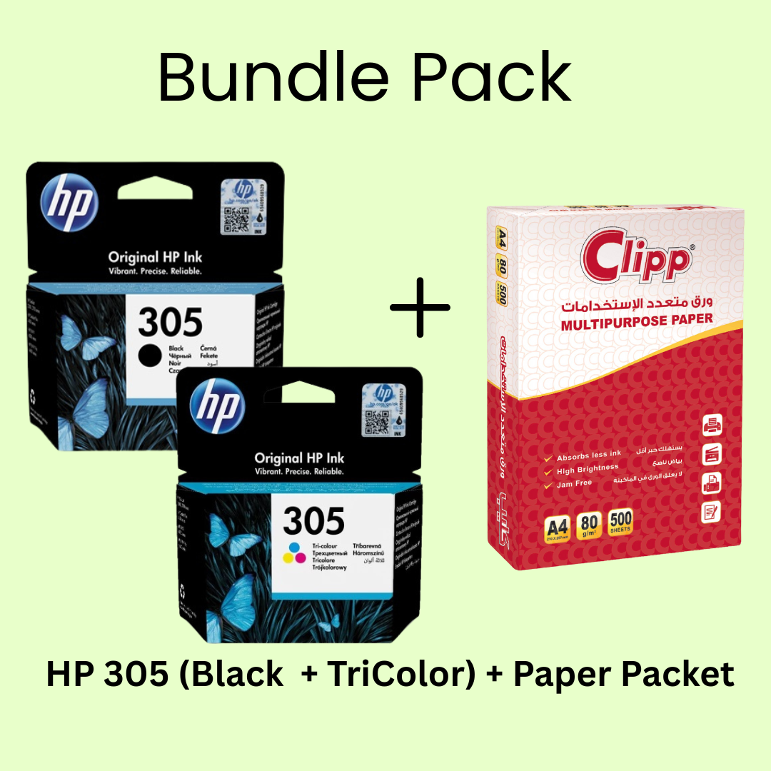 Bundle Pack : HP 305 Black + HP305 TriColor Original Ink Cartridge + Paper Packet (A4,500 Sheets) Bundle Pack : HP 305 Black + HP305 TriColor Original Ink Cartridge + Paper Packet (A4,500 Sheets)
