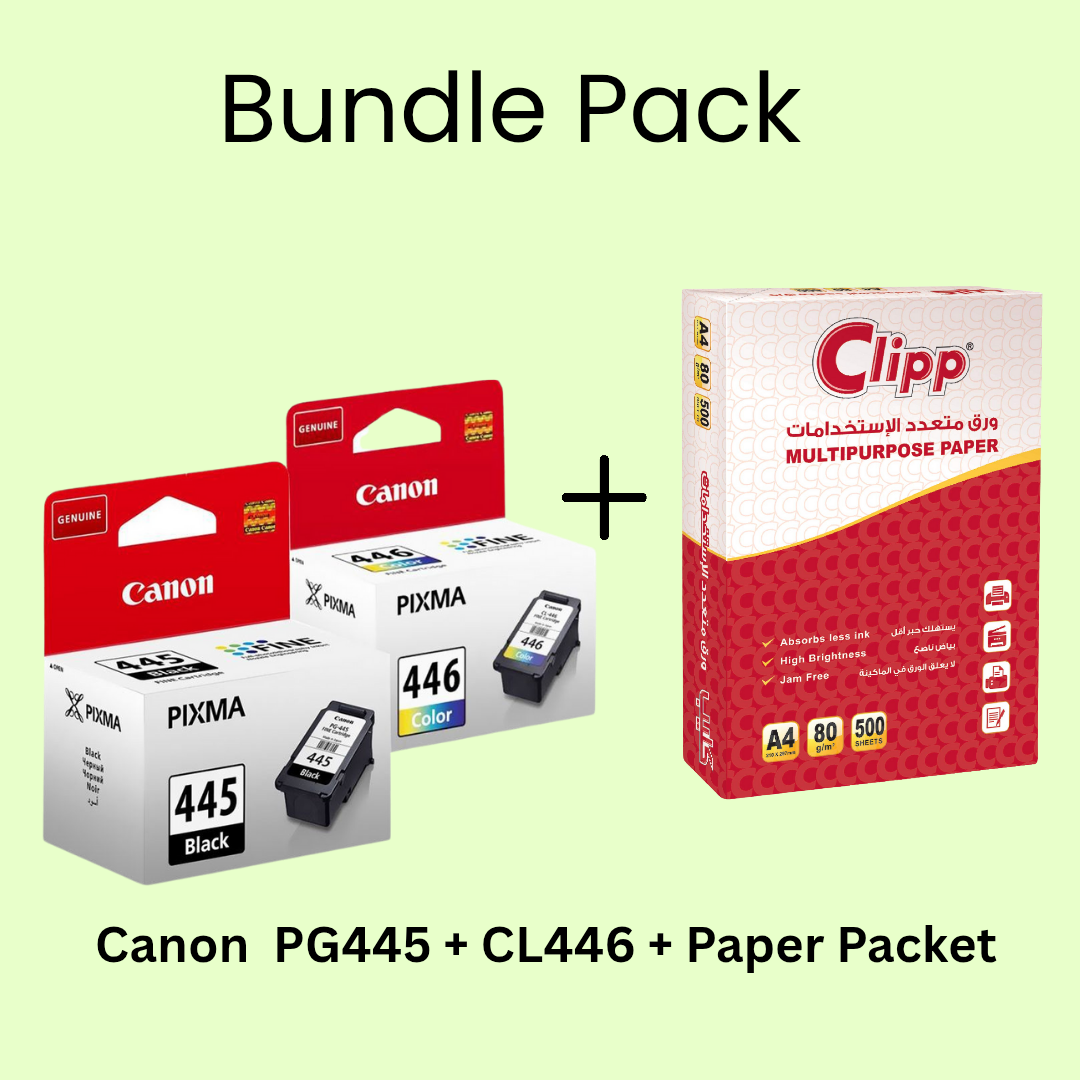 Bundle Pack: Canon PG-445 Black + CL-446 Color Original Ink Cartridge + Paper Packet (500 sheets) Bundle Pack: Canon PG-445 Black + CL-446 Color Original Ink Cartridge + Paper Packet (500 sheets)