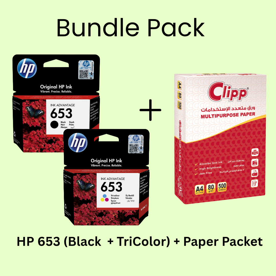 Bundle Pack : HP 653 Black + HP653 TriColor Original Ink Cartridge + Paper Packet (A4,500 Sheets) Bundle Pack : HP 653 Black + HP653 TriColor Original Ink Cartridge + Paper Packet (A4,500 Sheets)