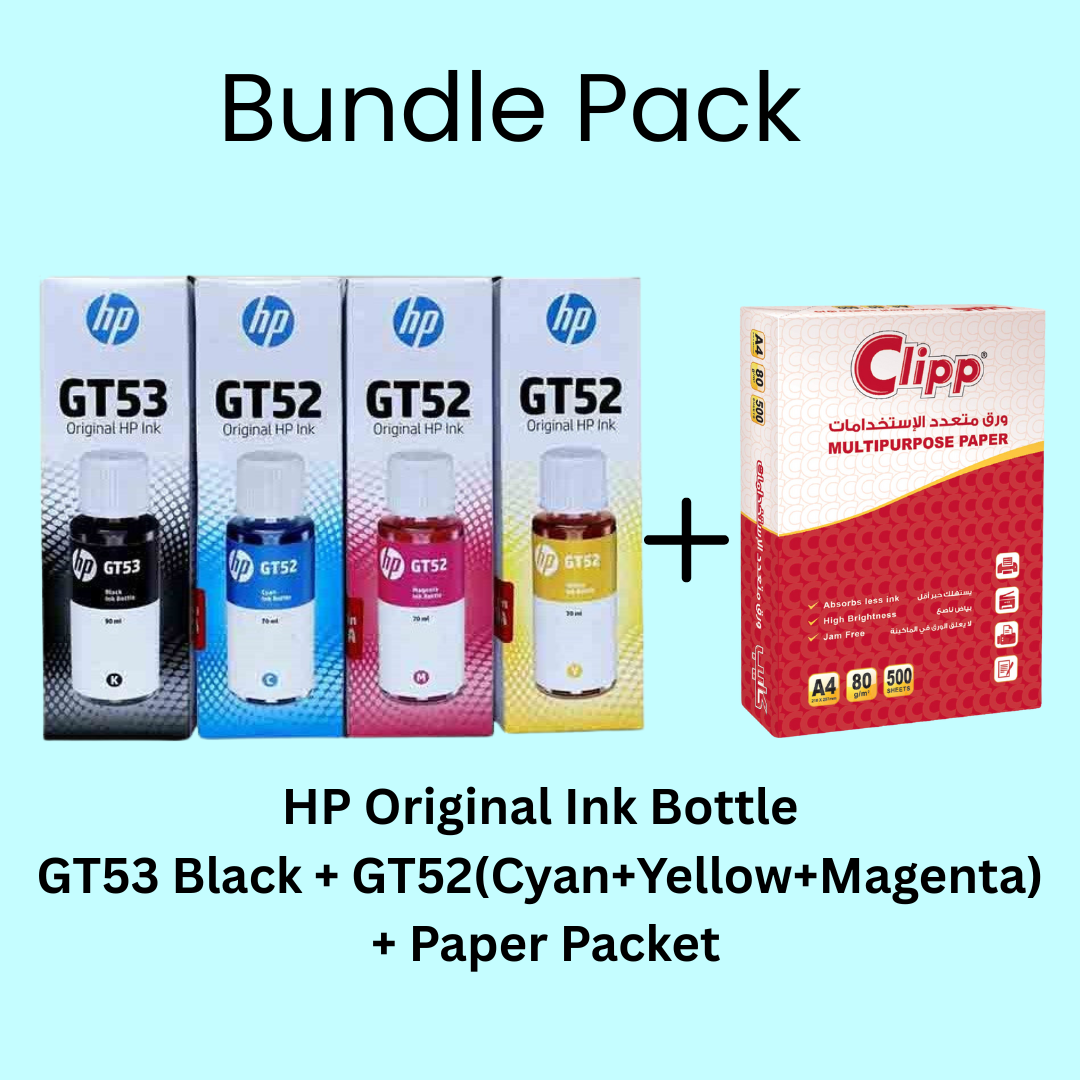Bundle Pack: HP GT53 Black +GT52(Cyan+Yellow+Magenta) Original Ink Bottle + Paper Packet (A4,500 Sheets) Bundle Pack: HP GT53 Black +GT52(Cyan+Yellow+Magenta) Original Ink Bottle + Paper Packet (A4,500 Sheets)