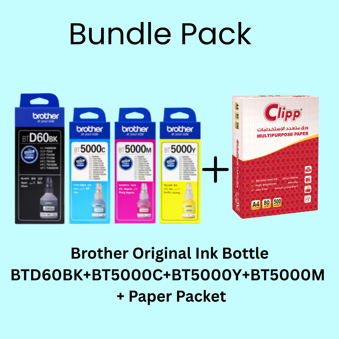 Bundle Pack: Brother BTD60BK+BT5000C+BT5000Y+BT5000M Original Ink Bottle + Paper Packet (A4,500 sheets) Bundle Pack: Brother BTD60BK+BT5000C+BT5000Y+BT5000M Original Ink Bottle + Paper Packet (A4,500 sheets)