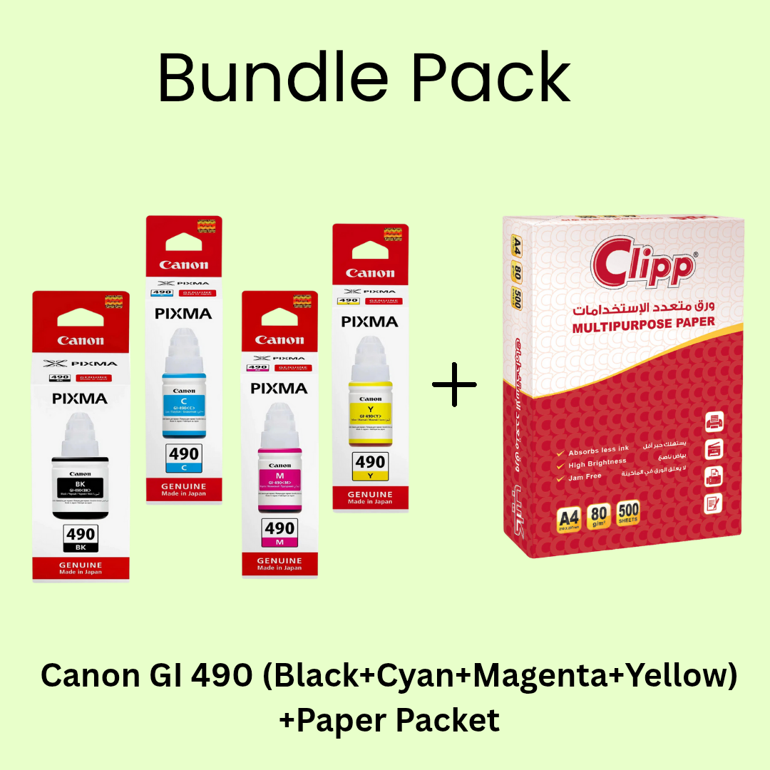 Bundle Pack: Canon GI 490 (Black+Cyan+Yellow+Magenta) Original Ink Bottle + Paper Packet (A4,500 Sheets) Bundle Pack: Canon GI 490 (Black+Cyan+Yellow+Magenta) Original Ink Bottle + Paper Packet (A4,500 Sheets)